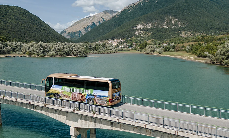 Pullman attraversa ponte lago monti