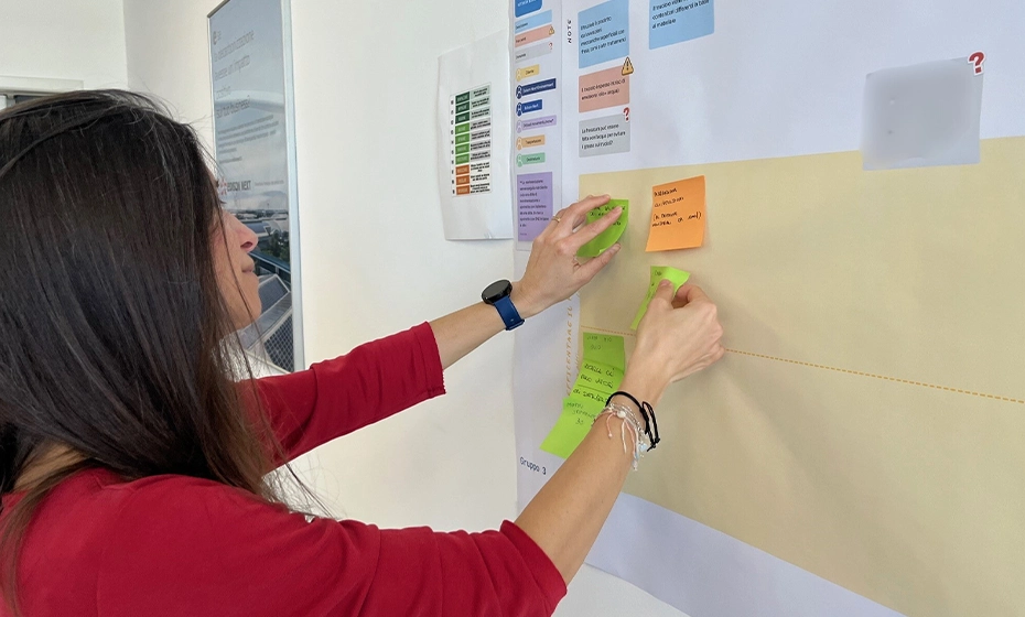woman attach a post it on a board