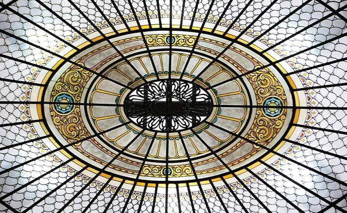 stained glass ceiling Edison building Milan