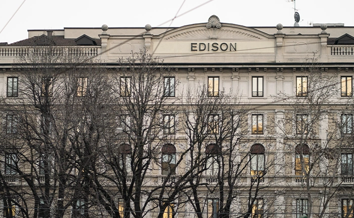 detail of the facade of Edison building Milan