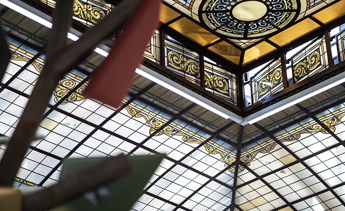 stained glass ceiling Edison building Milan